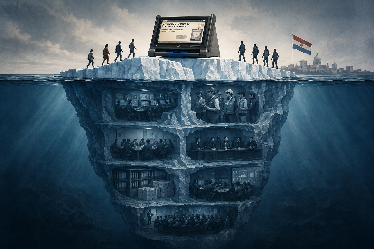 Ilustración conceptual de una máquina de votación paraguaya sobre un iceberg, donde la estructura sumergida simboliza auditorías, observación electoral, transparencia y controles institucionales que sustentan la confianza en el sistema de voto híbrido.